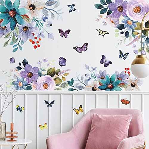 LiveGalleryWatercolor Blue Purple Flowers Wall Stickers Color Painting Rose Wall Decals DIY Vinyl Peel and Stick Butterflies Flora Mural for Girls Bedroom Living Room TV Sofa Backdrop Home Decoration