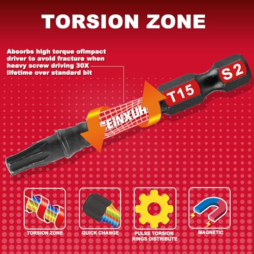 10Pieces 2 In. T15 Impact Tough Magnetic Screwdriver Bit Set, #15 Torx Head Power Bits, S2 Alloy Steel Star Bits with Storage M-Box