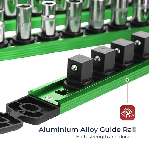 Reniteco Magnetic Socket Organizer 3/8” Aluminum Rail with 14 Clips, Green (Variation)