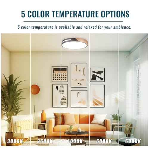 Wood Ceiling Light Flush Mount LED 36W, 16 inch Flush Mount Black, Kitchen Light Fixtures Ceiling Mount, Dimmable Close to Ceiling Light for Bedroom, Living Room, Bathroom