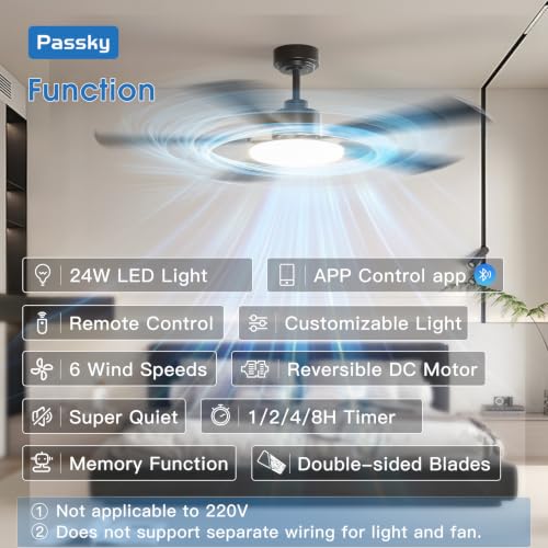Passky Black 52 Inch Ceiling Fan with Lights & Remote Control