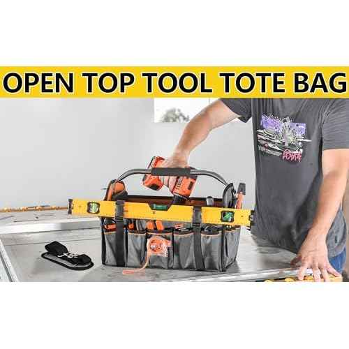 16 Inch Open Top Tool Bag, Thick 1680D Fabric, Foldable 29 Pockets Tool Tote Bags with Stainless Steel Handle & Padded Shoulder Strap, Easy Carry and Easy Tool Access