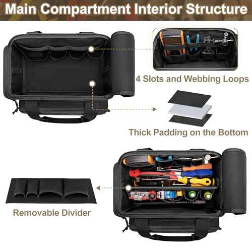12-Inch Tool Bag with Anti-friction Bottom, Hand Tool Storage Organizer Bag for Men, Tactical Range Bag, Multi-purpose Work Tote for Repairman, Electrician, Carpenters, Handyman, Black
