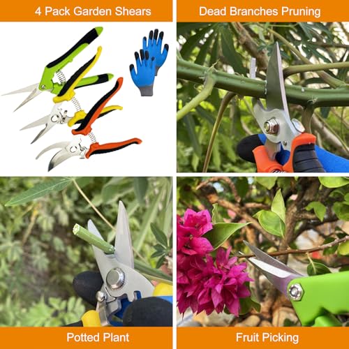 Lengnoyp 4 Pack Garden Pruning Shears with Gloves - Stainless Steel Handheld Clippers