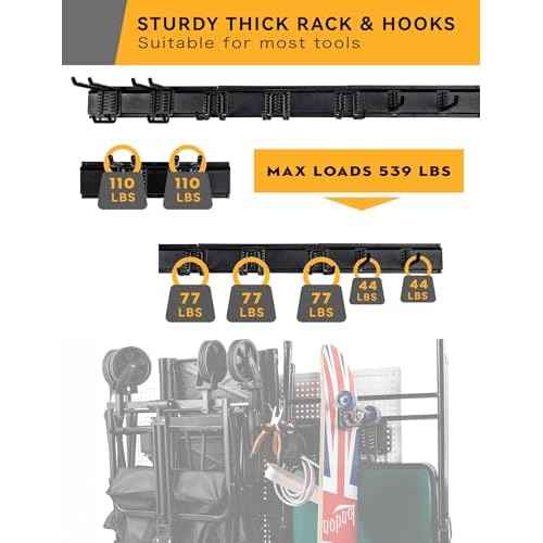 Wall Mount Garden Tool Organizer - 48 Inch Max Load 539lbs, Garage Storage with 7 Heavy Duty Hooks and 4 Cable Ties, Power Tool Organizer Rack