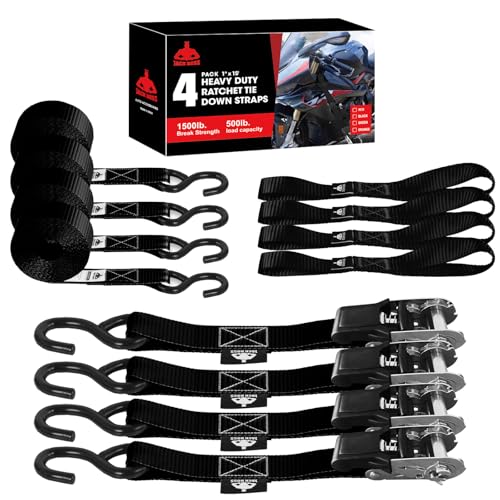 Black 4-Piece Heavy Duty Ratchet Tie Down Straps Set - 1500 lbs Capacity, 1" x 15', Soft Loops & Coated Hooks