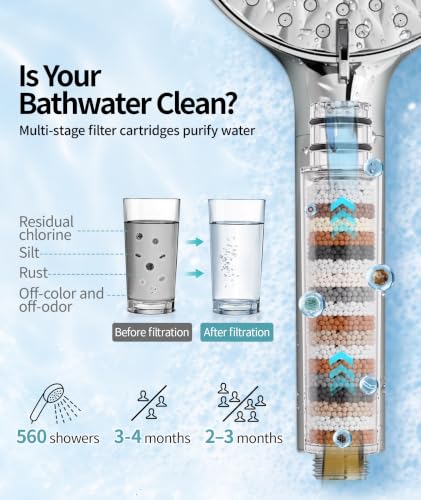 SR SUN RISE Bright Silver Filtered Handheld Shower Head with 9 Spray Modes + 1 Replacement Filter