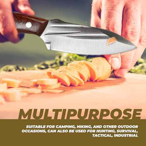 Pocket Fixed Blade Knife with Wood Handle and Leather Sheath for Camping, Outdoor Hunting,Tactical, Survival and EDC