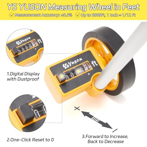 YS YUSON 4 Inch Digital Rolling Measuring Wheel - 9999 Ft, Tape Measure & Level, One-Button Reset