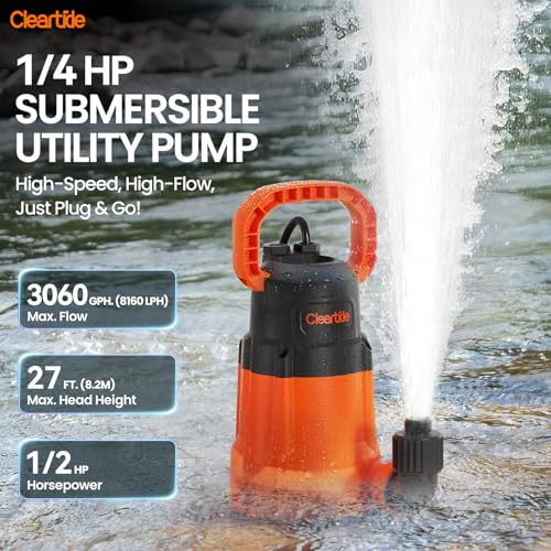 Cleartide 1/2 HP Submersible Utility Water Pump - 3060 GPH Sump & Pond Pump