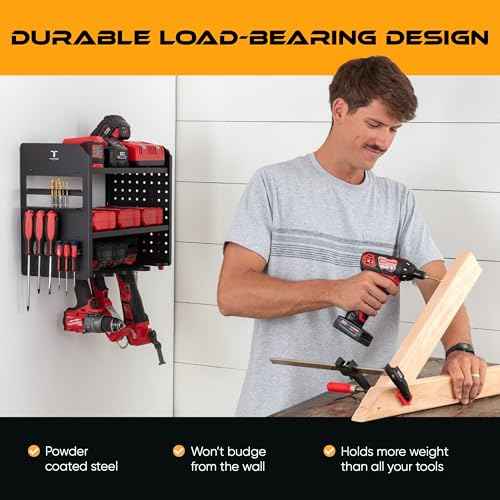 Power Tool Organizer - Wall Mount Storage for Garage Organizes 4 Cordless Drills & Tools - Heavy Duty Rack w Pegboard Sides Shelves & Hooks - Neatly Holds Screwdrivers & Drill Bits BLACK/BLACK