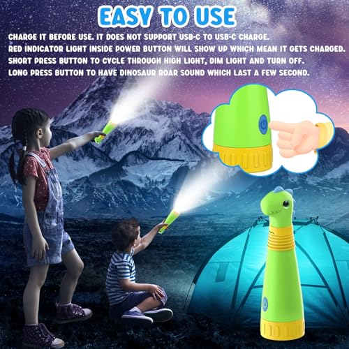 COSOOS Rechargeable Dinosaur Flashlight for Kids, Roar Mode, Kids Flashlight, Outdoor Camping Gear Accessories, Birthday Gift Halloween Lights for Kids Boys Girls