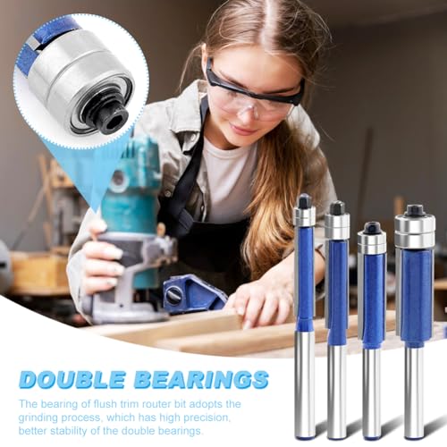 4 Pcs Flush Trim Router Bit Set, 1/4" Shank, Top Bearing, Includes 5/16", 3/8", 1/2" Diameters ? High-Value Router Bits for DIY and Professional Woodworking