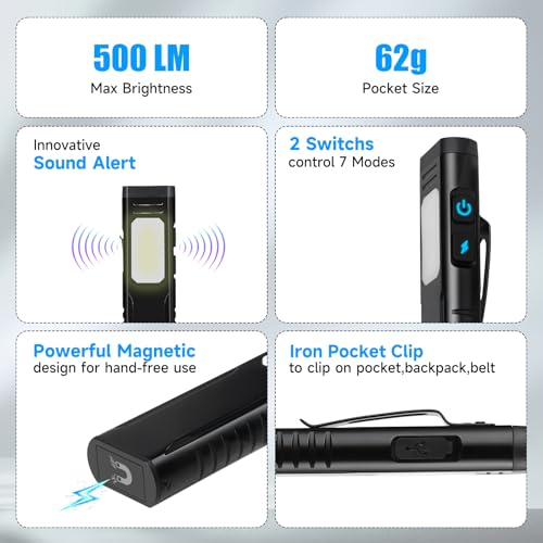 Rechargeable EDC Flashlight with Sound Beeper, Portable Flat Pocket Flashlights, Small Magnetic Flashlight, 7 Mode Side Light Clip On Handheld Flashlight for Outdoor Home Working, Black