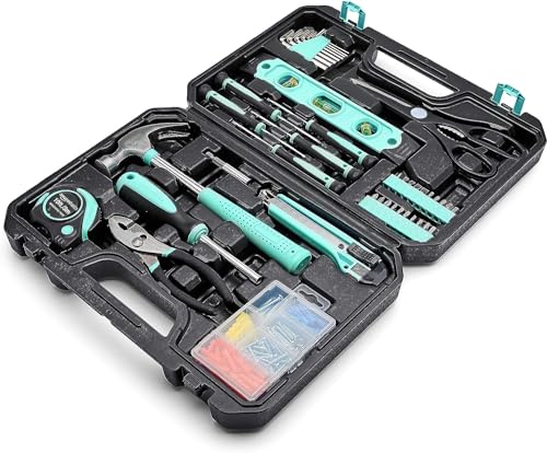 Amazon Basics 142-Piece Household Tool Kit with Storage Case - Turquoise, 13.39 x 9.25 x 2.95 inches