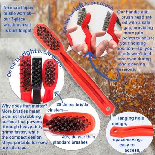 GOLDEN SMILE 3-Pack 7" Stainless Steel Wire Brushes - 40% Denser Than Standard Brushes - for Heavy-Duty Cleaning: Grill Grates, Uncoated Pans, Rust Removal, Deburring & Metal Cleaning