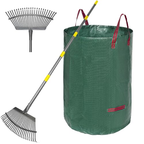 Heavy-Duty Garden Rake Set with Adjustable Handle & Leaf Bag - 73 Inch