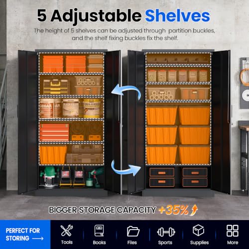 MIIIKO 71" Tall Metal Garage Cabinet with 2 Doors, 5 Shelves, Locking 0.8mm Steel