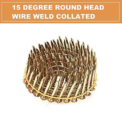 BHTOP 600 Count Coil Roofing Nails 1-1/4 Inch x .120-Inch for Roofing Nail Gun, 15 Degree Round Head Wire Weld Collated Roofing Nail, Smooth Shank Electro Galvanized Air Nails for Roofs