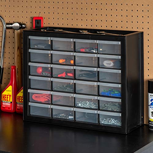 IRIS USA Plastic Storage Drawers, 24-Drawer, Stackable Small Parts Organizer Cabinet for Hardware Screw Nuts and Bolts Sticker Bead Balloon Building Bricks, Teacher Toolbox Garage Storage Bins, Black