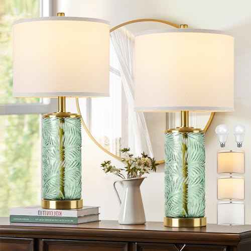 QiMH Glass Table Lamp Set of 2, Modern Gold Bedside Lamp with Stereo Palm Leaves Vein Glass for Living Room, Green Nightstand Lamps for Bedroom Home Office Reading Decor(Bulbs & Shades Included)