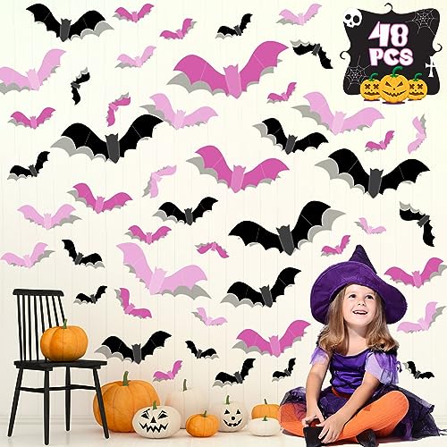 Pink Halloween Bat Wall Decor - 48pcs Waterproof Pastel Bats for Indoor Outdoor Halloween Party
