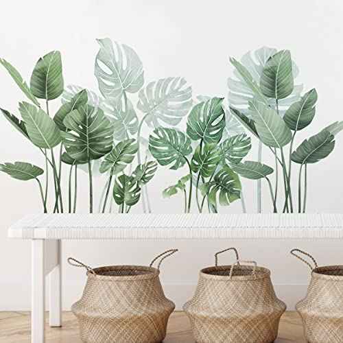 Tropical Plant Wall Decals, Potted Plants Leaf Wall Stickers Vinyl Peel and Stick Wallpaper for Bedroom Bathroom Nursery and Office