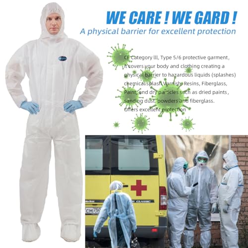 VVicogard Protective Overalls Disposable Coveralls, Front Zipper Elastic Waistband & Cuffs Ankles, SMS Isolation Coverall Suit with Hood for Hospitals, Laboratories, Medical