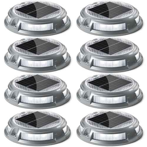 SIEDiNLAR Solar Driveway Lights Outdoor 16 LEDs 9 Modes, Dock Markers Deck Lights Waterproof Warning for Driveway Walkway Step Pathway Ground Yard Garden, RGB (8 Pack)