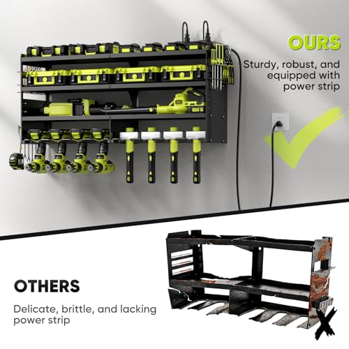 POKIPO Large Black Power Tool Organizer Wall Mount with Charging Station, 4 Layers, Heavy Duty Metal Supports 600lbs, 8 Drill Holders & Power Strip