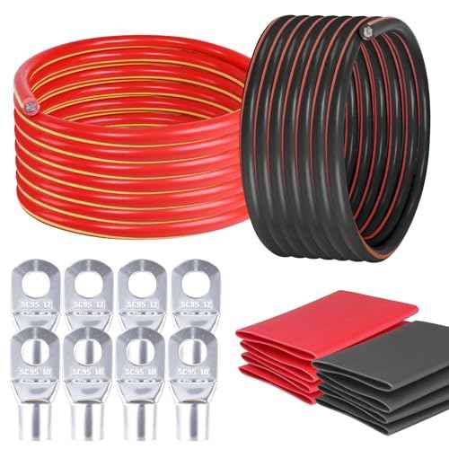 1/0 Gauge Car Battery Cable Kit - 5.5 Feet Each, Black & Red - Copper Clad Aluminum Wire with Lugs & Tubes - Vehicle, Truck, RV, Solar Power Welding Cables