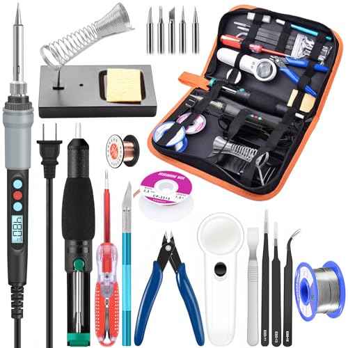 Soldering Iron Kit Electronics, 21-in-1, 90W Adjustable Temperature Soldering Iron, 5pcs Soldering Iron Tips, Soldering Iron Stand, Desoldering Pump, Magnifier, Solder Wire, Tweezer, PU Carry Bag