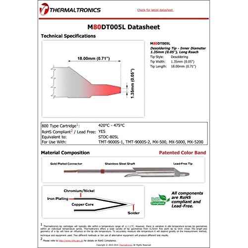 Thermaltronics M80DT005L Desoldering Tip - Inner Diameter 1.35mm (0.05in), Long Reach interchangeable for Metcal STDC-805L