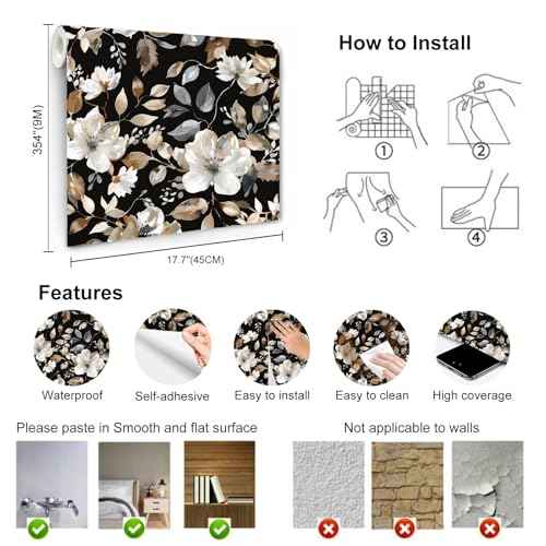 Vintage Dark Black Floral Peel and Stick Wallpaper Modern Botanical Flower Waterproof Removable Self Adhesive Vinyl Contact Wall Paper for Farmhouse Bathroom 17.7" X 354" Roll