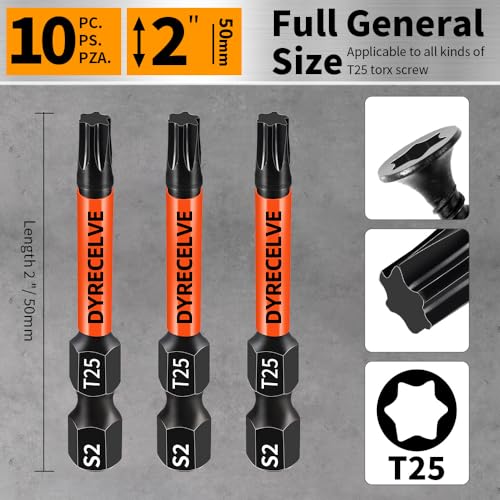 DYRECELVE 10-Pack T25 Torx Bits for Impact Driver - Magnetic 2-Inch, S2 Steel