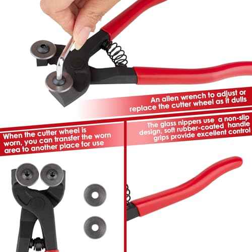 Glass Tile Nippers 7", Heavy Duty Wheeled Glass Mosaic Nipper, Glass Nippers with Soft Rubber Handle for Stained Glass, Ceramic Tile Nipper Mosaic Tools with 2 Replacement Blades, an Allen Wrench