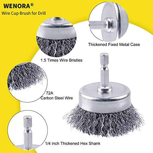 4 Pcs Wire Cup Brush Set for Drill, 1/4 Inch Hex Shank, 0.010 Inch Coarse Carbon Steel Attachments for Rust Removal