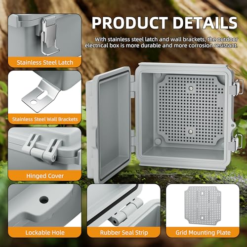 Joinfworld 6x6 Inch Waterproof Outdoor Electrical Junction Box with DIN Rail, IP67 Dustproof Enclosure