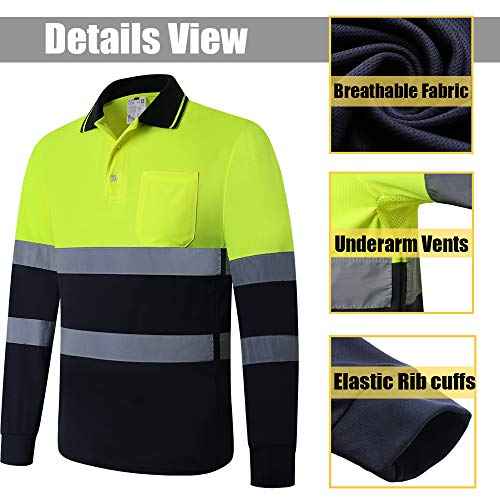 ANSI Class 2 Hi Vis Shirts Yellow Navy Long Sleeve Reflective Polo Shirt Safety Work Shirt for Construction Men and Women