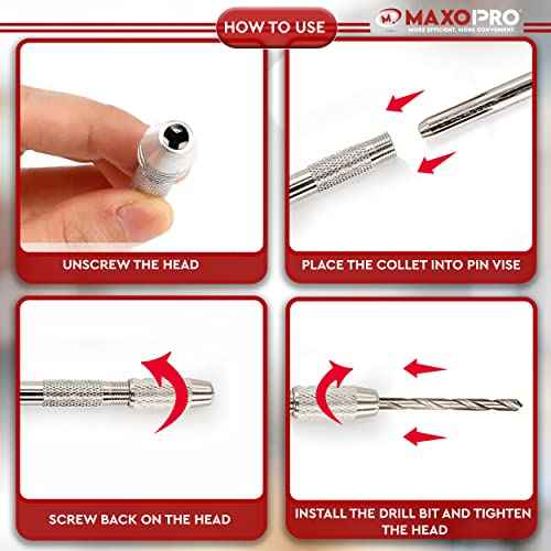 Swivel Head Pin Vise Hand Drill with Two Reversible Collets ? Size Range (0-2.381 mm) - Nickel Plated, Anti- Slip Steel Body Resin Drill for Jewelry Making, Assembling, DIY Crafts - by MaxoPro