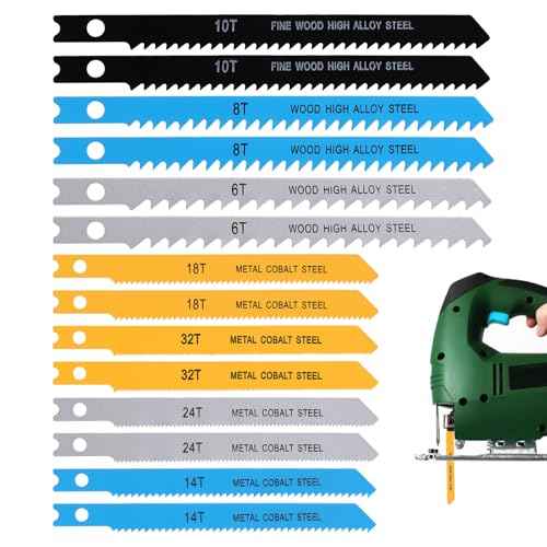 14PCS Universal Jig Saw Blade Set for Wood U-Shank Jig Saw Blade Set Assortment for Wood Plastic and Metal Cutting Jigsaw Blades Fit Vast Majority U Shank Jigsaws, 6T 8T 10T 14T 18T 24T 32T