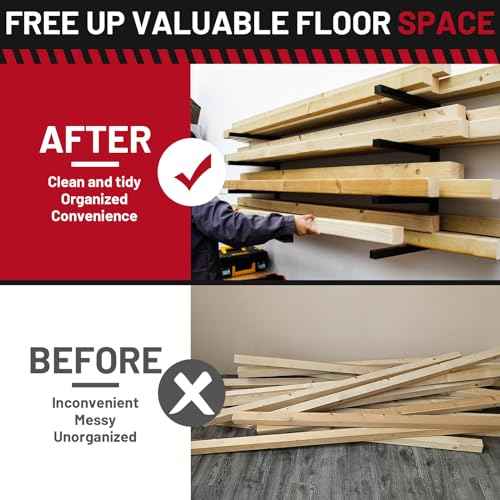 YYR Wood Organizer and Lumber Storage Rack Wall Mount, Heavy Duty Metal Shelf with 4-Level Holds Up 800 LBS, Indoor & Outdoor Use - Black