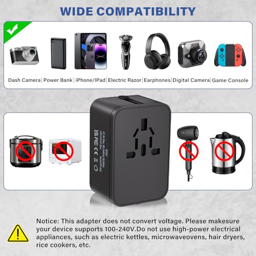 EFISH Black Travel Power Adapter with 2 USB-A + 1 USB-C, Universal Travel Plug Converter