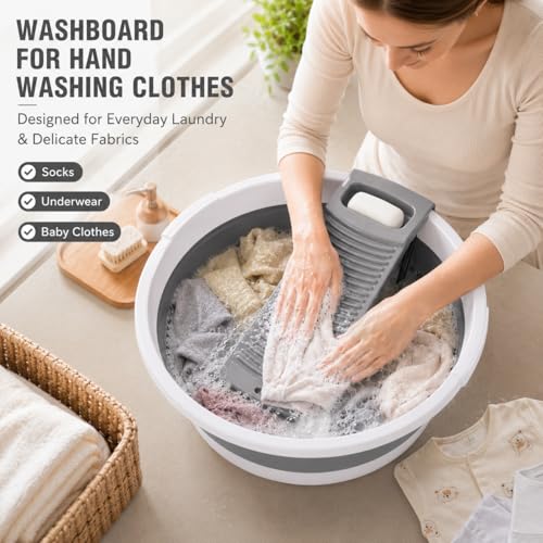 VEMJO Gray White 20x20 Inch Collapsible Laundry Basin with Detachable Washboard, 8 Gallon Capacity for Hand Washing, Camping & Small Spaces