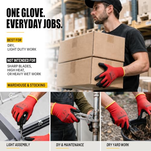 DULFINE Red Large Safety Work Gloves 12 Pairs PU Coated Breathable & Protective