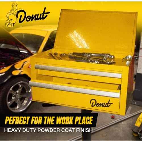 Donut Media Mini Tool Box | Magnetic Catch Drawers; Top Storage; Heavy Duty Powder Coating | Small Metal Stash Box; Desk Organizer; Mechanics Essentials | Compact Tool Kit; 3 Drawer Chest; Yellow