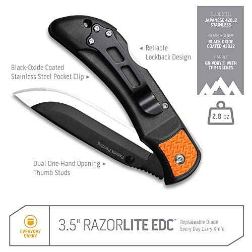 OUTDOOR EDGE 3.5" RazorLite EDC Knife. Pocket Knife with Replaceable Blades and Clip. The Perfect Hunting Blade for Skinning Deer. Blaze Orange with 6 Blades