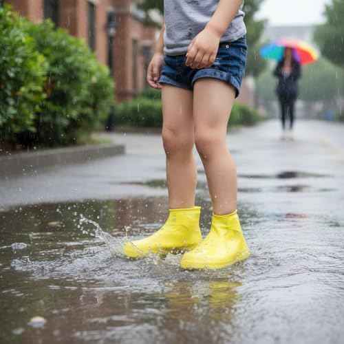 Waterproof Shoe Covers 2 Pairs Non-Slip, Thickened Latex Rain Boots for Men Women - Slip-Resistant Outdoor Foot Protectors (Yellow, L)
