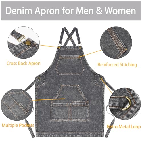Denim Apron with Pockets, Cross Back Apron for Men Women, Jean Work Aprons for Hairstylist Barber Grilling Gardening, Adjustable S to L