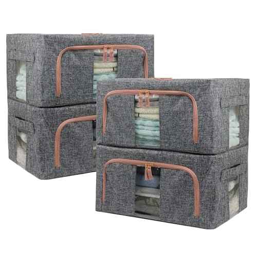 Linen Clothes Storage Bins, 4PCS Sturdy Closet Organizers and Storage Bin with Metal Frame, 2 Opening Ways Fabric Visible Lidded Storage Box for Organizing Clothing,Jeans,Sheets (4PC Gray, 22Liters)